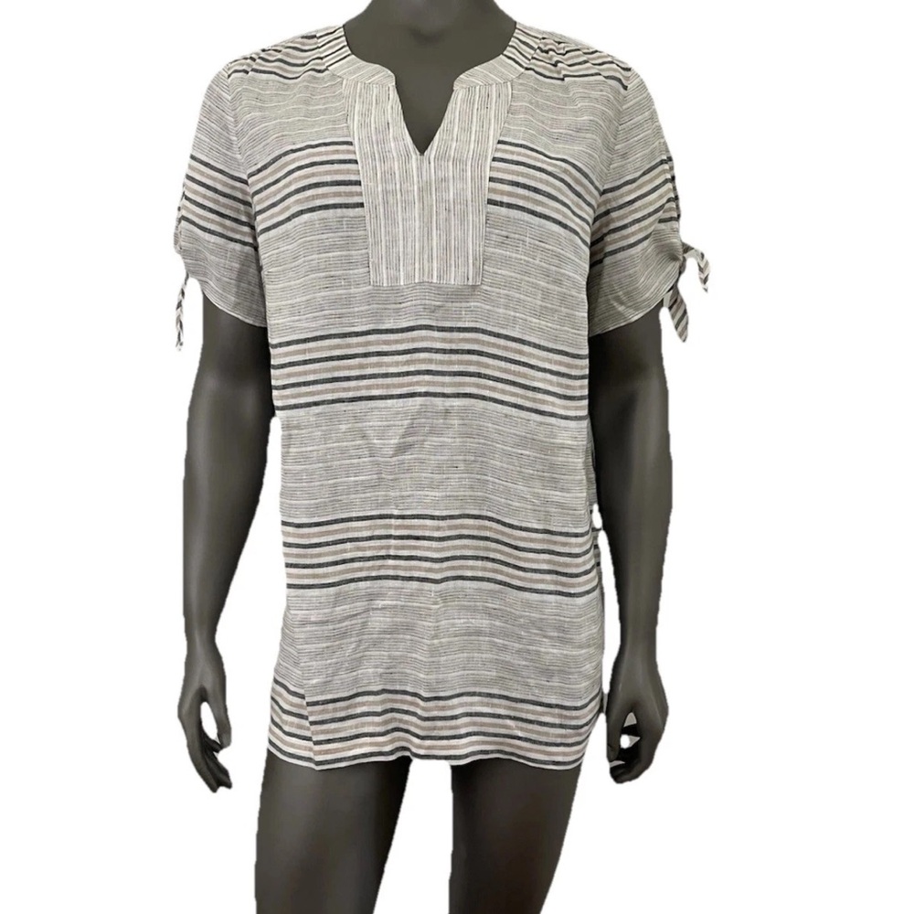 Talbots Top Women’s L Linen White Reef Stripe Tie-Sleeve Shirt Tunic